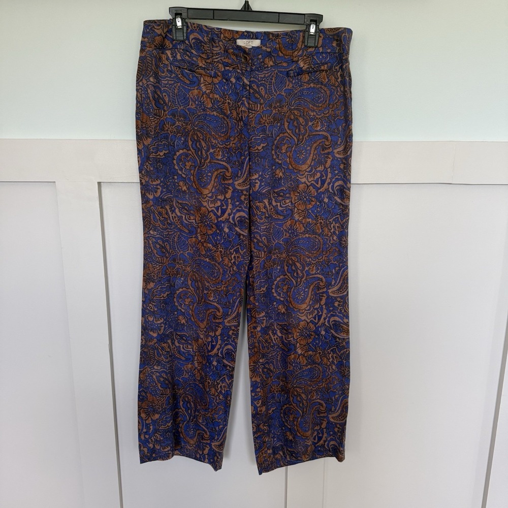LOFT Marisa Dress Pants Size 10 Petite Blue 100% Linen Paisley Business Casual‎